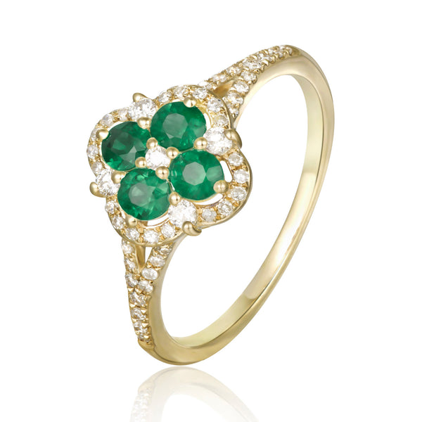 Luvente Yellow Gold Emerald & Diamond Clover Ring