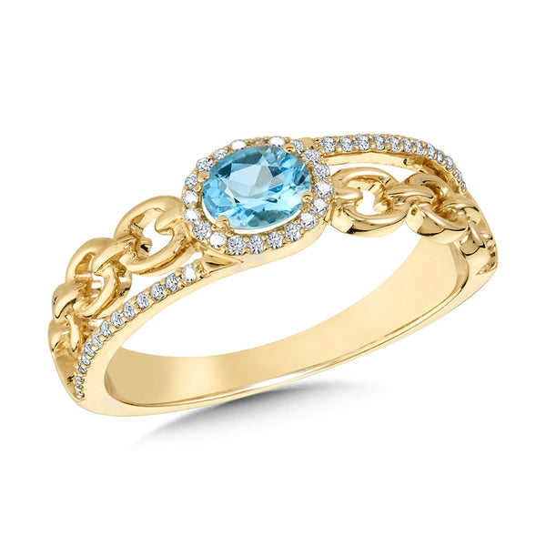 14 Karat Yellow Gold Blue Topaz and Diamond Ring