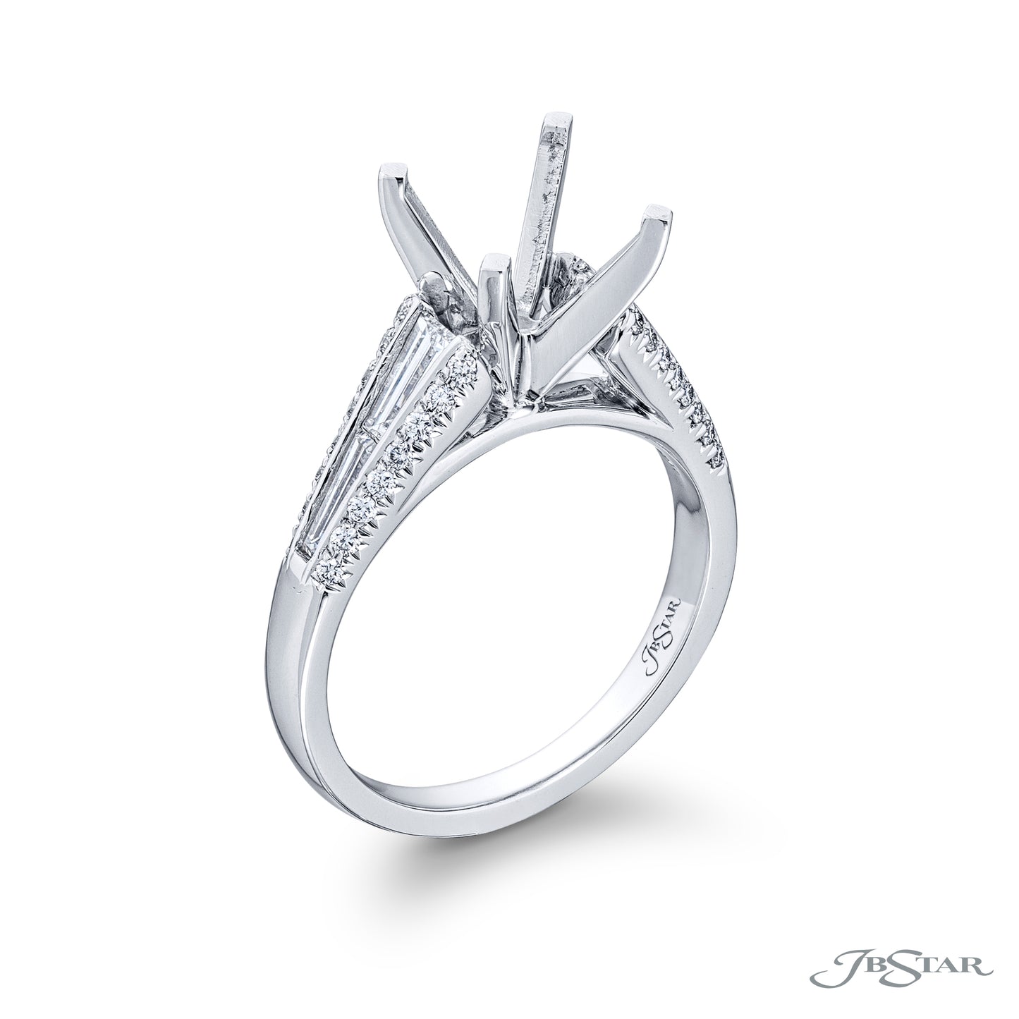 JB Star Platinum Channel and Pavé Set Tapered Baguette and Round Brilliant Diamond Semi-Mount Engagement Ring