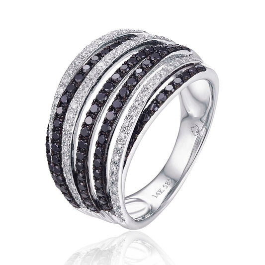 Luvente 14 Karat White Gold Wide Black and White Diamond Ring - Diamond Fashion Rings - Women's