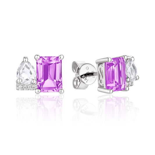 Luvente White Gold Emerald Cut Amethyst and Pear Shaped White Topaz Diamond Stud Earrings - Colored Stone Earrings
