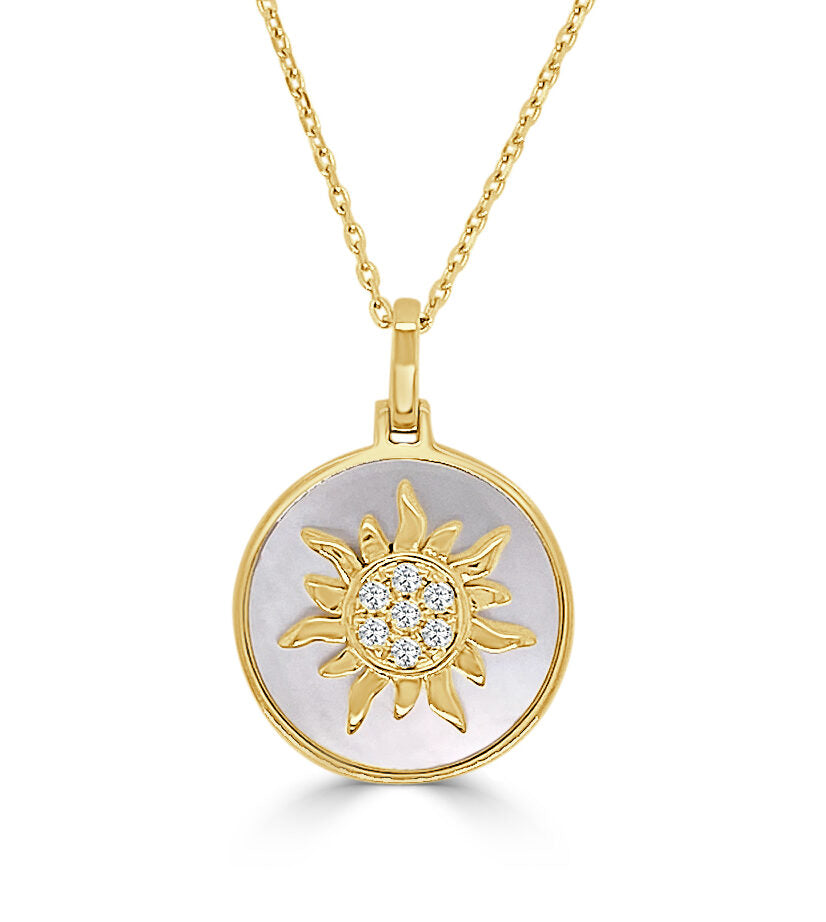 Frederic Sage Yellow Gold Mother Of Pearl & Diamond Sunburst Necklace - Colored Stone Pendants