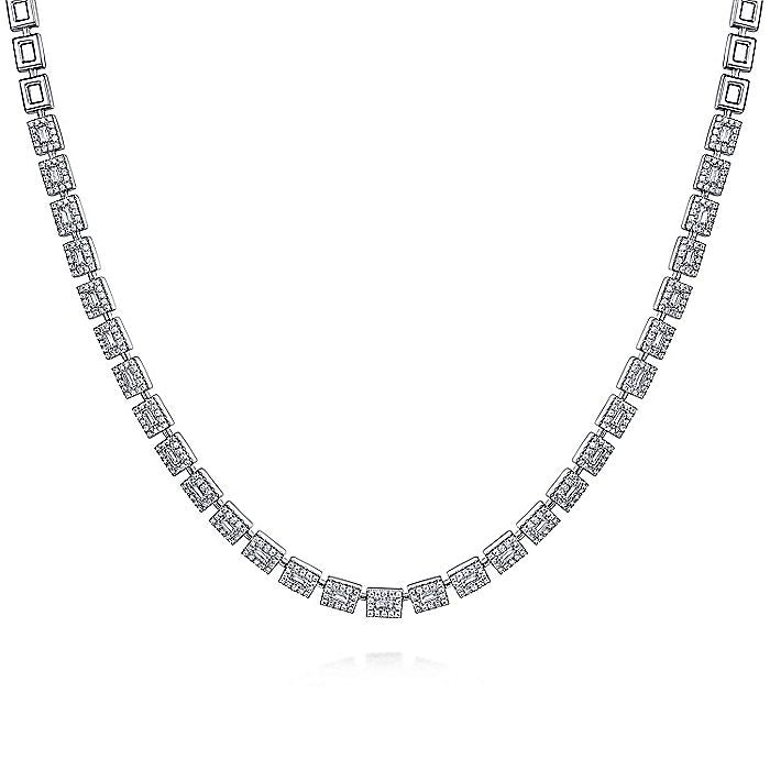 Gabriel & Co. 14 Karat White Gold 3.01 Carat Diamond Baguette Halo Station 16 Inch Necklace - Diamond Necklaces