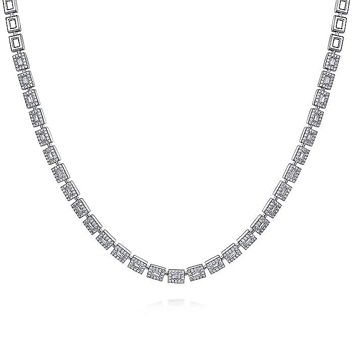 Gabriel & Co. 14 Karat White Gold 3.01 Carat Diamond Baguette Halo Station 16 Inch Necklace