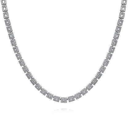 Gabriel & Co. 14 Karat White Gold 3.01 Carat Diamond Baguette Halo Station 16 Inch Necklace