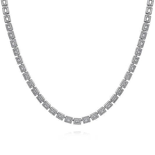 Gabriel & Co. 14 Karat White Gold 3.01 Carat Diamond Baguette Halo Station 16 Inch Necklace