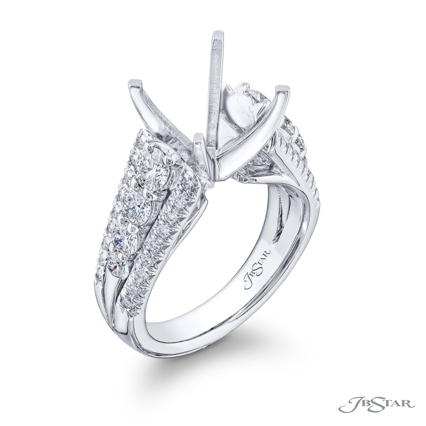 JB Star Platinum Wide Diamond Semi-Mount Shared Prong and Pavé Engagement Ring - Diamond Semi-Mount Rings