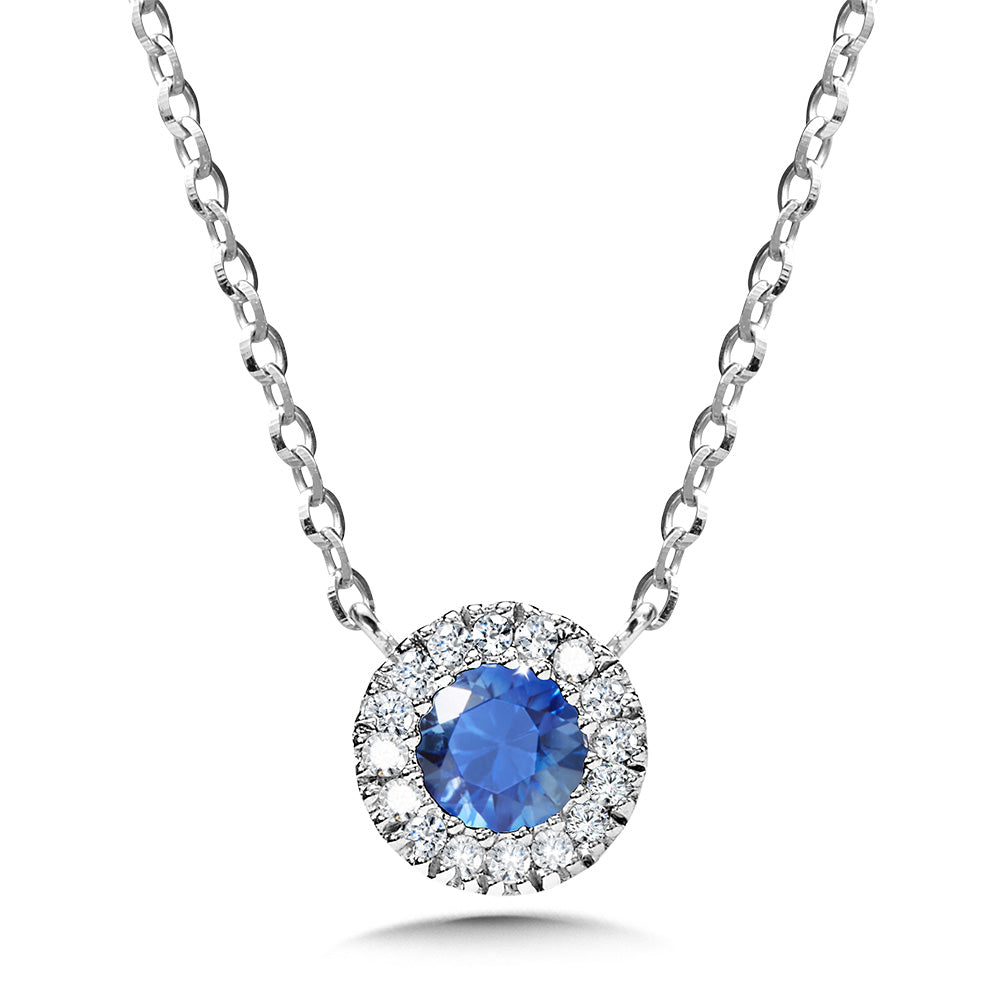 White Gold Round Halo Sapphire Necklace - Colored Stone Necklace
