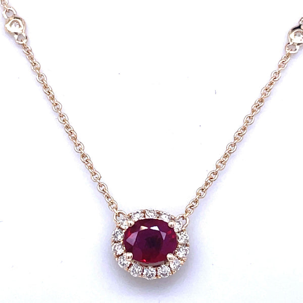 Yellow Gold Ruby And Diamond Halo Pendant With Diamond Station Necklace