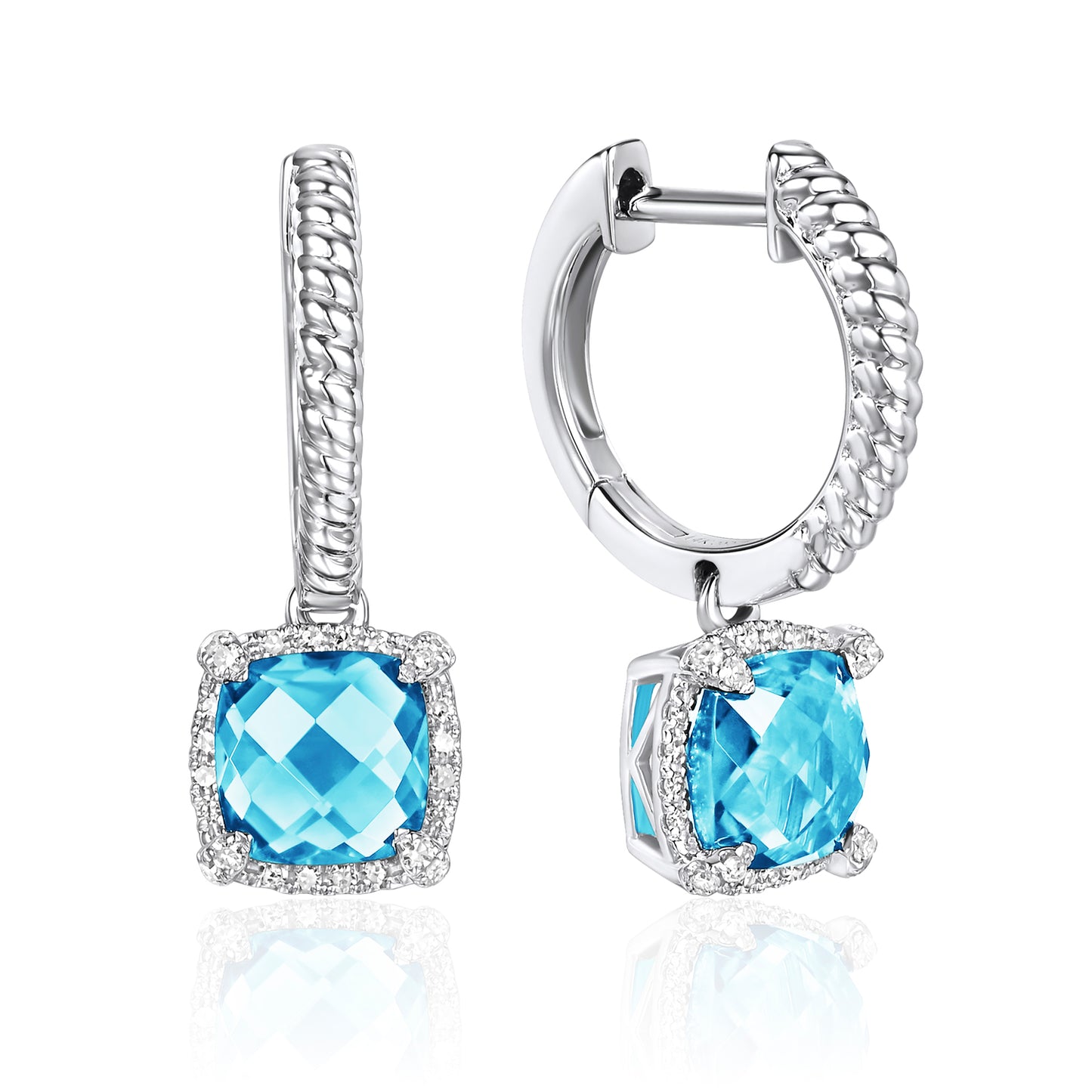 Luvente 14 Karat White Gold Rope Textured Dangle Blue Topaz and Diamond Earrings