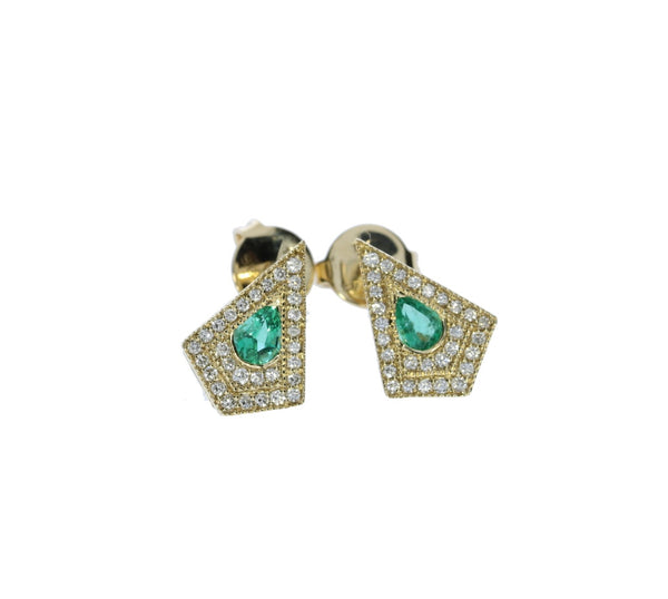 Yellow Gold Kite Shaped Emerald and Diamond Earrings