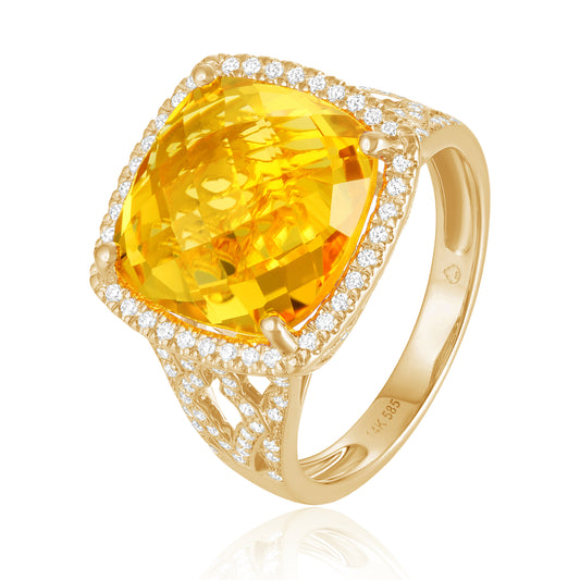 Luvente Yellow Gold Citrine & Diamond Halo Ring