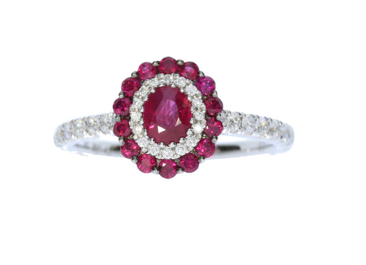 White Gold Ruby and Diamond Halo Ring