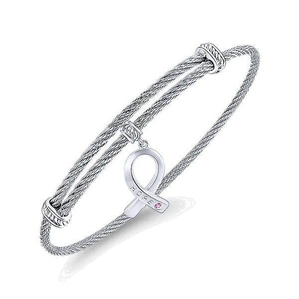 Gabriel & Co Adjustable Twisted Cable Stainless Steel Bangle with Sterling Silver Pink Zircon Breast Cancer Charm