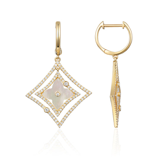 Luvente 14 Karat Yellow Gold Rhombus Clover Halo Mother of Pearl and Diamond Dangle Earrings - Colored Stone Earrings