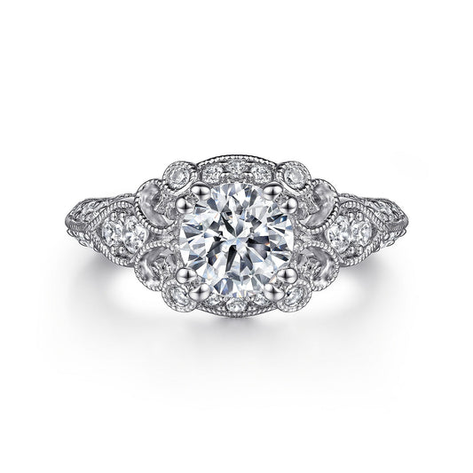 Gabriel & Co. White Gold Round Fancy Vintage Halo Semi-Mount Engagement Ring - Diamond Semi-Mount Rings