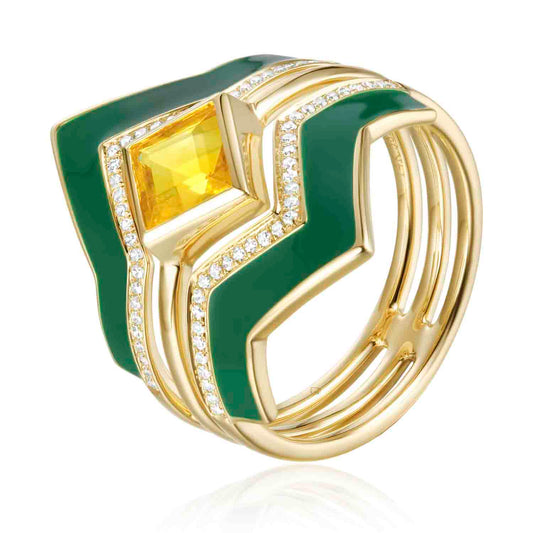 Luvente 14 Karat Yellow Gold Citrine Green Chevron Diamond Ring - Colored Stone Rings - Women's