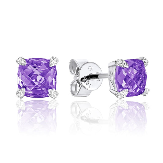 White Gold Diamond Claw Prong Amethyst Stud Earrings - Colored Stone Earrings