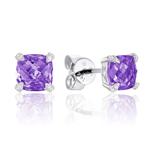 White Gold Diamond Claw Prong Amethyst Stud Earrings