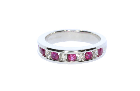 Ladies White Gold Diamond and Ruby Band