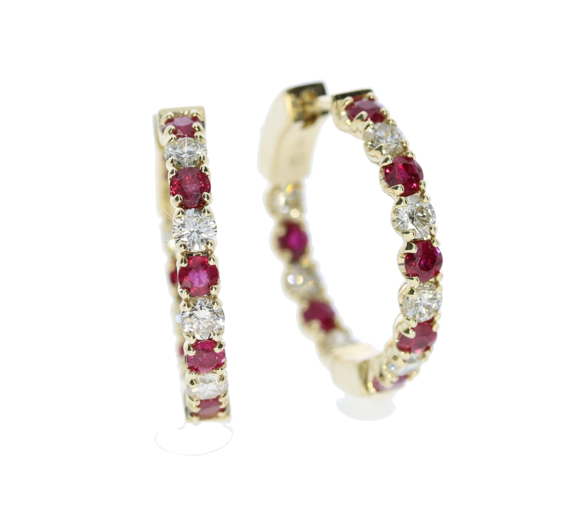 Ruby and Diamond Yellow Gold Hoop Earrings - Colored Stone Earrings