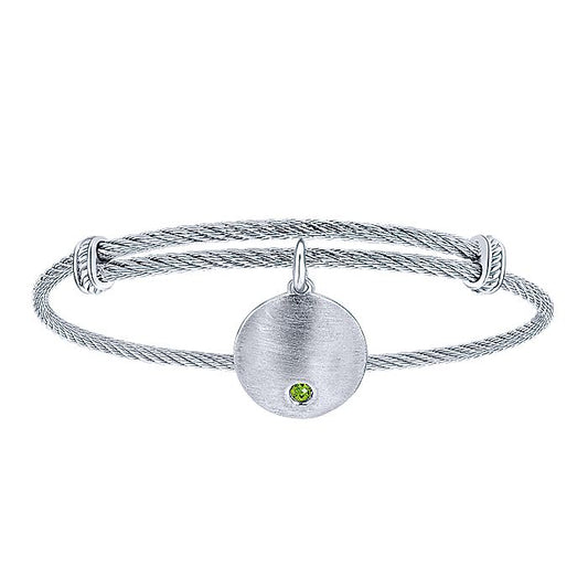 Gabriel & Co Adjustable Stainless Steel Bangle with Round Sterling Silver Peridot Stone Disc Charm