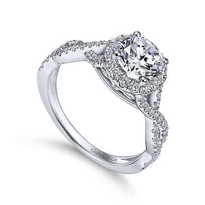 Gabriel & Co White Gold Round Halo Criss Cross Semi-Mount Ring