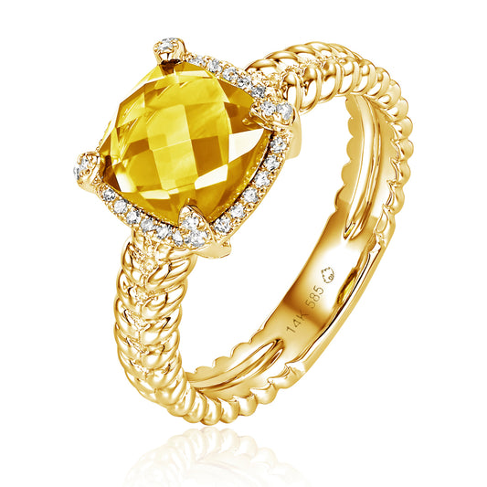 Luvente 14 Karat Yellow Gold Citrine Braided Halo Ring - Colored Stone Rings - Women's