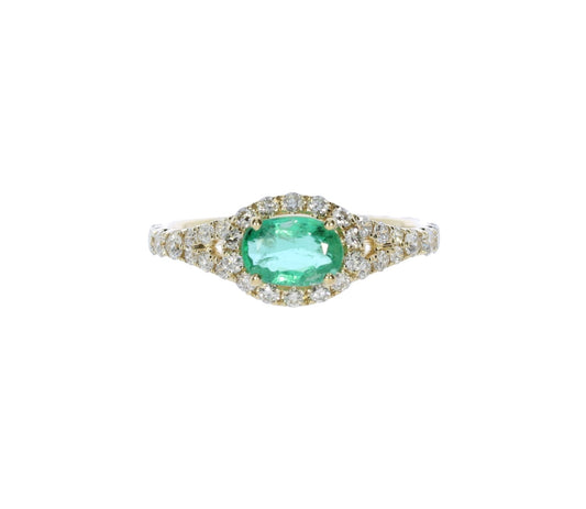 Yellow Gold Emerald Diamond Halo Ring - Colored Stone Rings - Women's
