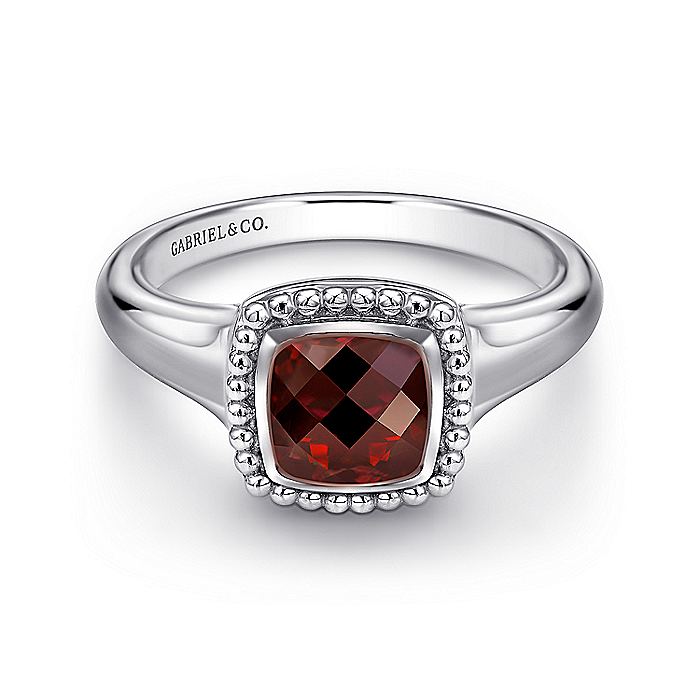 Gabriel & Co Sterling Silver Beaded Cushion Cut Garnet Ring