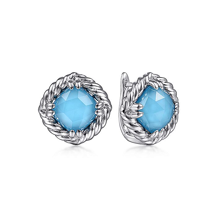 Gabriel & Co Sterling Silver Rock Crystal And Turquoise Stone Rope Framed Studs - Colored Stone Earrings