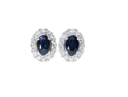 Ladies White Gold Sapphire & Diamond Halo Earrings - Colored Stone Earrings