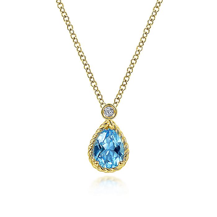 Gabriel & Co Yellow Gold Pear Shape Blue Topaz Pendant Necklace with Bezel Set Diamond