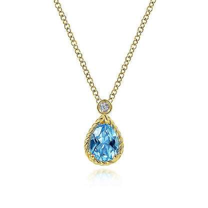 Gabriel & Co Yellow Gold Pear Shape Blue Topaz Pendant Necklace with Bezel Set Diamond
