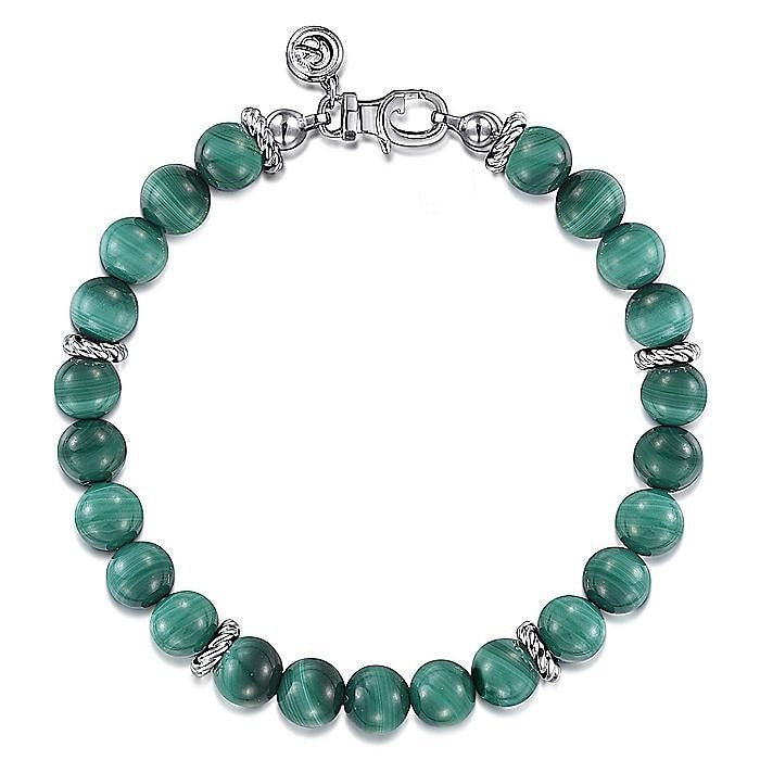Gabriel & Co. Sterling Silver 8mm Malachite Beaded 8.5 Inch Bracelet - Gents Bracelet