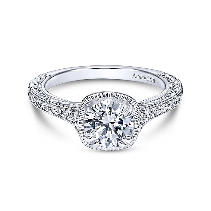 Amavida Platinum Engraved Engagement Ring - Diamond Semi-Mount Rings