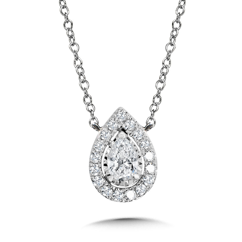 White Gold Pear Halo Necklace