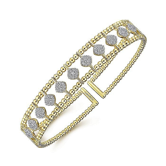 Gabriel & Co. Yellow Gold Offset Diamond Cluster Bujukan Beaded Cuff Bracelet - Diamond Bracelets