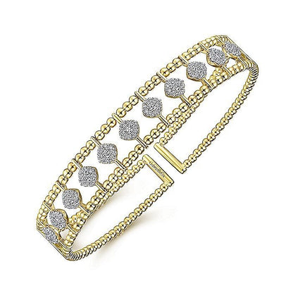 Gabriel & Co. Yellow Gold Offset Diamond Cluster Bujukan Beaded Cuff Bracelet - Diamond Bracelets