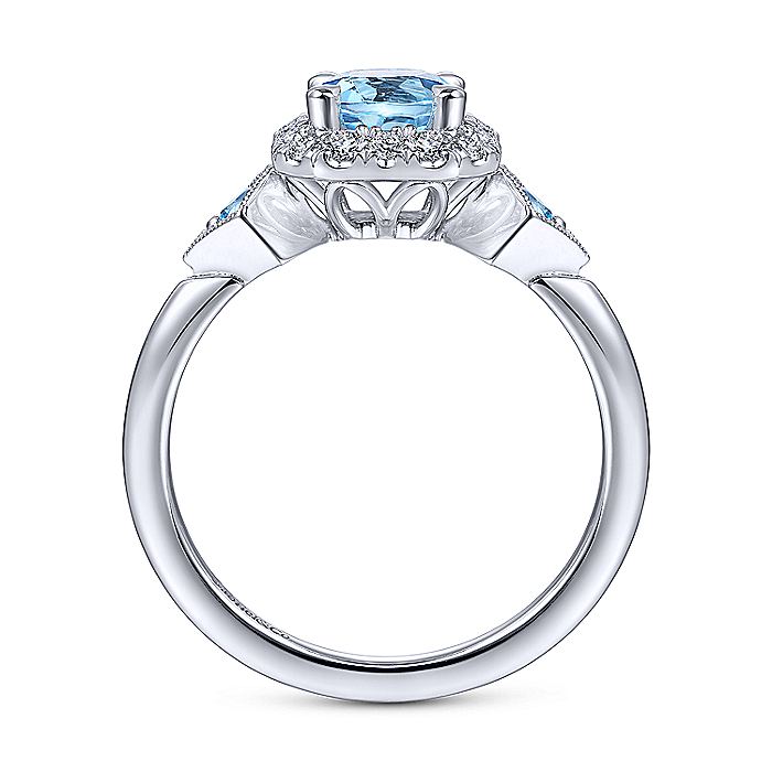 Gabriel & Co White Gold Three Stone Blue Topaz and Diamond Halo Ring - Colored Stone Rings - Women's