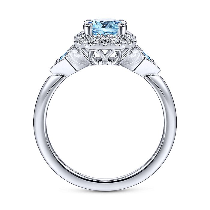 Gabriel & Co White Gold Three Stone Blue Topaz and Diamond Halo Ring