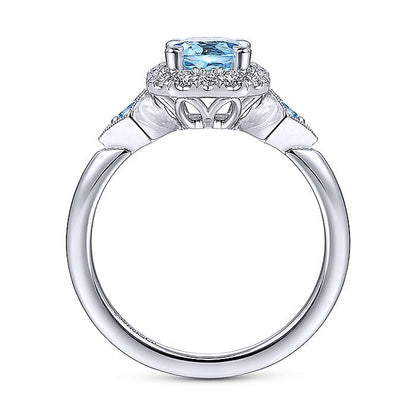 Gabriel & Co White Gold Three Stone Blue Topaz and Diamond Halo Ring