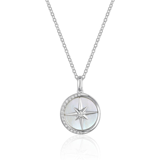 Luvente White Gold Round Mother of Pearl and Diamond Compass Style Pendant - Colored Stone Pendants