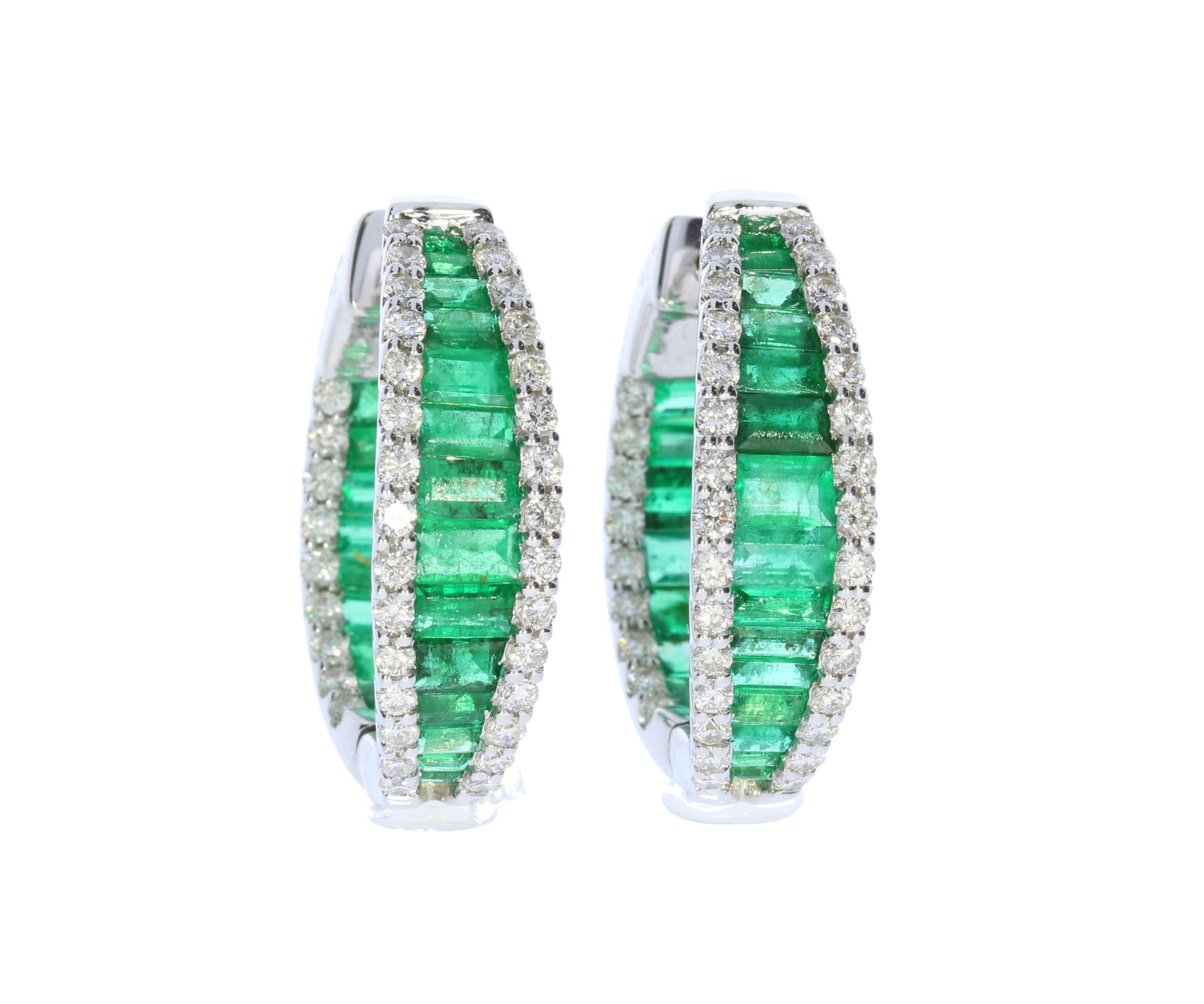 Emerald and Diamond In and Out Hoop Earrings - Colored Stone Earrings