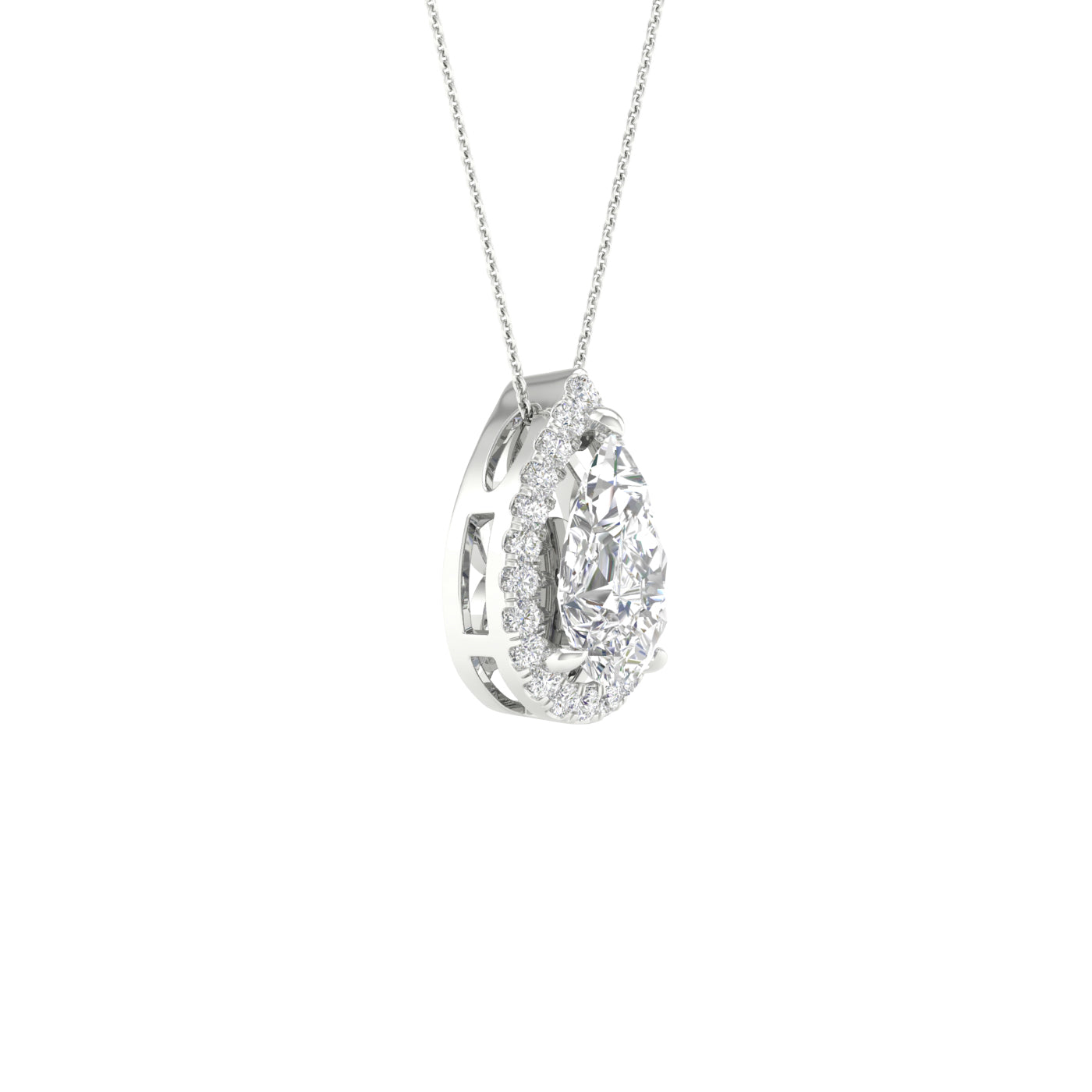 White Gold Laboratory Grown Pear Shaped Diamond Halo Pendant - Diamond Pendants
