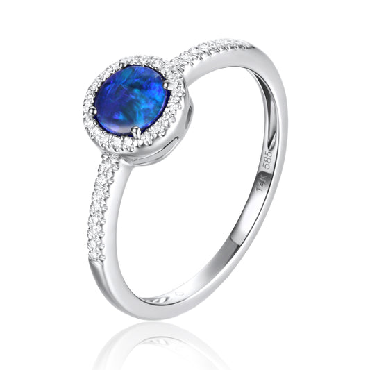 Luvente 14 Karat White Gold Round Opal Diamond Halo Ring - Colored Stone Rings - Women's