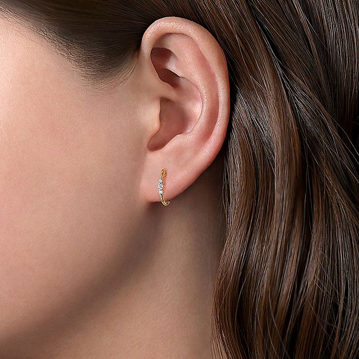 Gabriel & Co Yellow Gold Huggie Earrings with Three Diamond Stations - Diamond Earrings