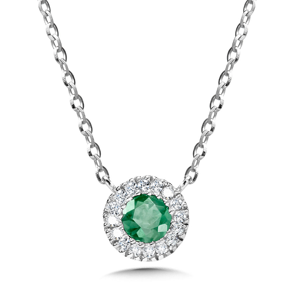 White Gold Round Halo Emerald Necklace