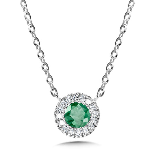White Gold Round Halo Emerald Necklace