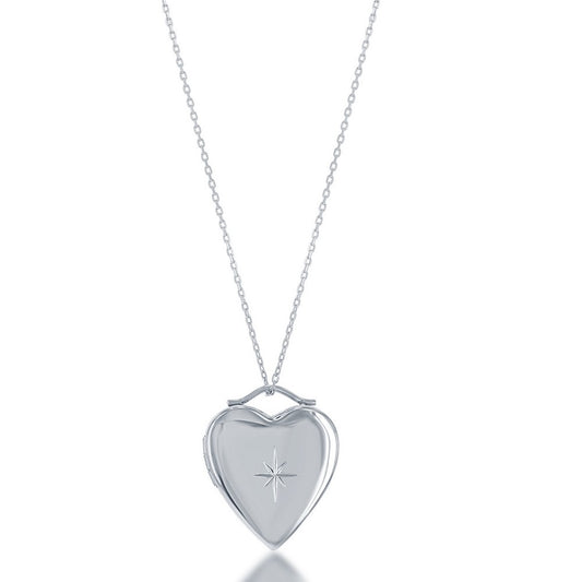 Sterling Silver Diamond Cut Star Heart Locket - Silver Necklace